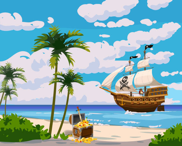 illustrations, cliparts, dessins animés et icônes de tropical island pirate ship sous voile dans l’océan, trésor cheast, tropical, palmiers. côte de paysage de mer, plage, sable, aventure, jeu. illustration vectorielle - antiquities