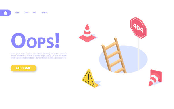 Error 404 web page concept. Pit stairs, traffic cones and warning sign. Error 404 web page concept. Pit stairs, traffic cones and warning sign. Flat isometric vector illustration. error message stock illustrations