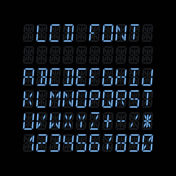 istock Realistic glowing fourteen segment font with letters and numbers for lcd displays on black background. Vector illustration 1322247706