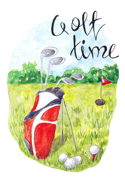 istock Hand drawn watercolor Golf club and balls in a bag. Lettering Golf Time 1322247869