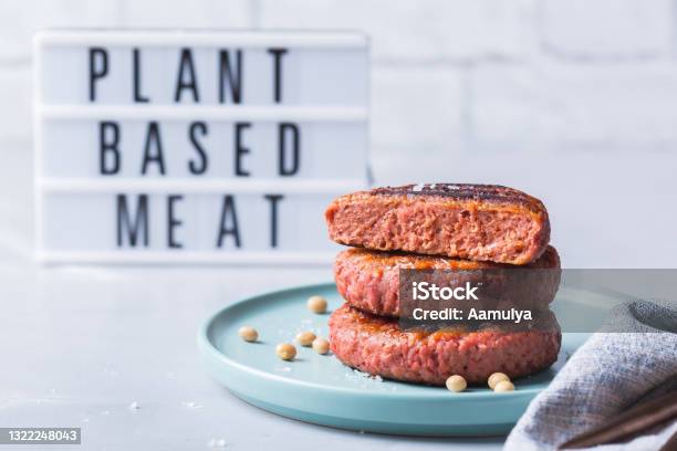 Burgers Made From Plant Based Meat Food Reducing Carbon Footprint Stock Photo - Download Image Now
