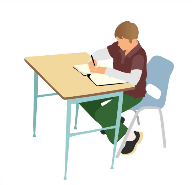 A Student Flat design illustration of a boy sitting at his school desk and writing in his workbook. kid doing homework clip art stock illustrations