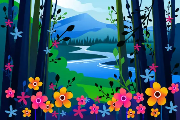 Vector illustration of Beautiful Landscape of Country Side at Spring time