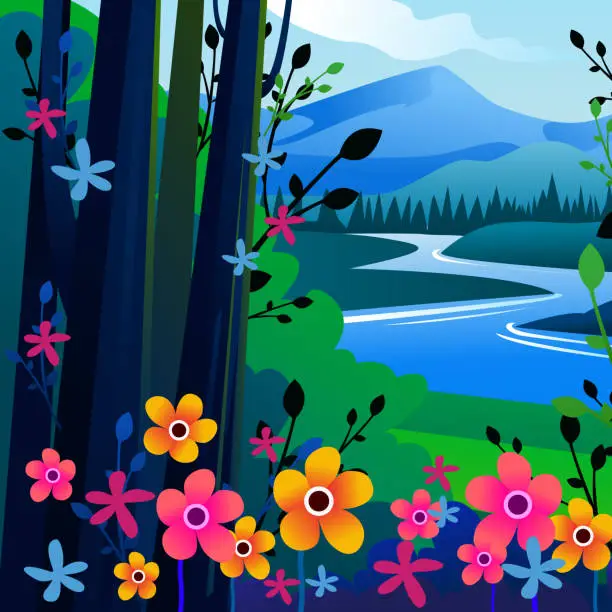 Vector illustration of Beautiful Landscape of Country Side at Spring time