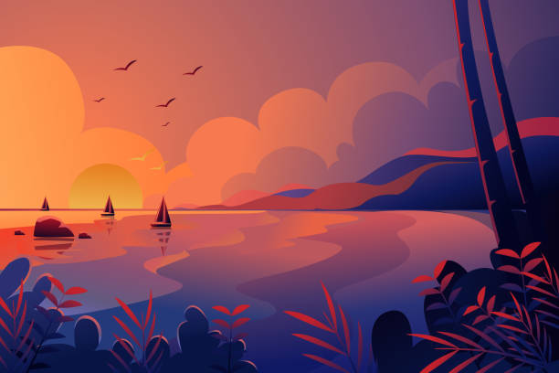 illustrations, cliparts, dessins animés et icônes de belle plage au coucher du soleil - painterly effect illustrations