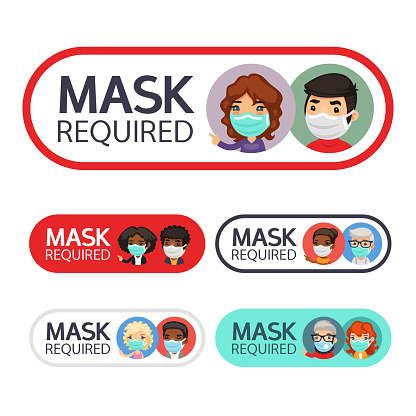 Mask required signs set with people. Flat cartoon characters man and woman. Isolated on white background.