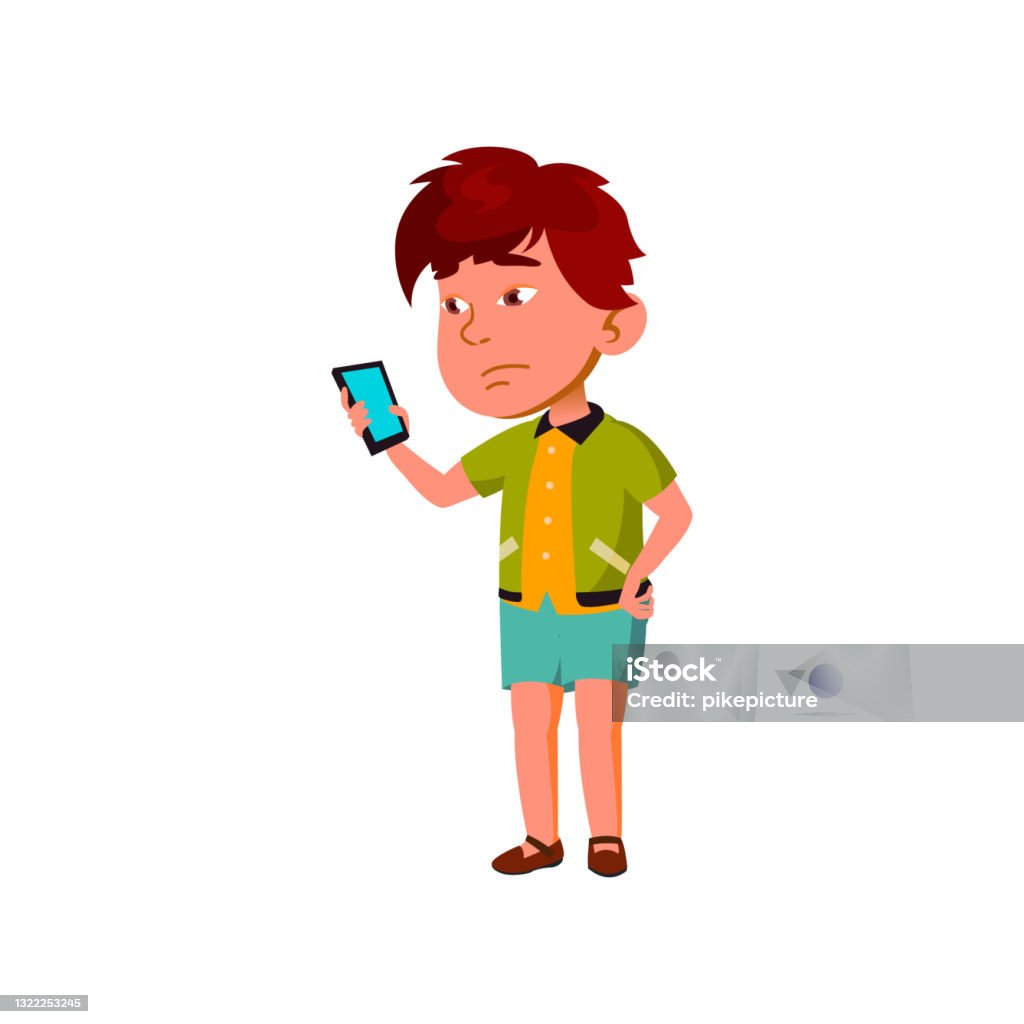 Sad Boy Reading Message On Phone Display Cartoon Vector Stock ...