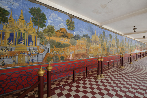 The Silver Pagoda complex is enclosed by walls plastered with an extensive and, in parts, spectacular mural depicting the classic Indian epic of the Ramayana