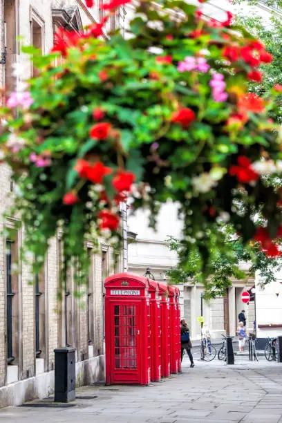 Photo of Famous red telephone booths against flowers in Covent Garden street, London, England