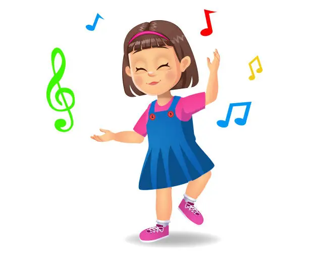 Vector illustration of cute girl kid dancing to music