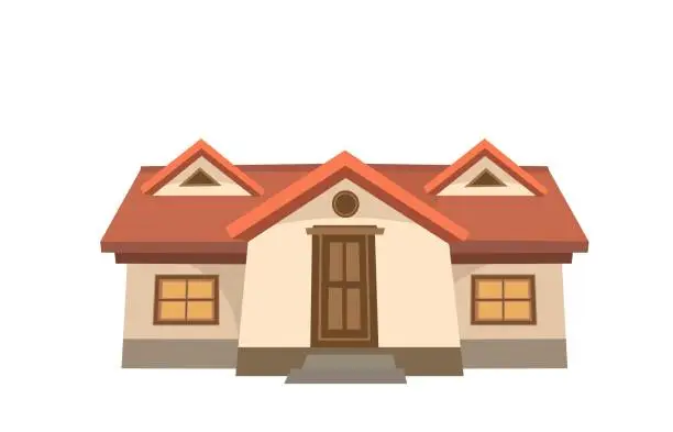 Vector illustration of A wide cartoon house. Cozy simple rural dwelling in a traditional European style. Sweet home. Isolated on white background.