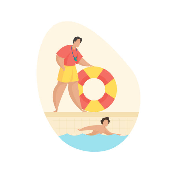 illustrations, cliparts, dessins animés et icônes de piscine de service de secours. l’homme avec la bouée de sauvetage regarde l’enfant nager dans le bassin - swimming pool child swimming buoy