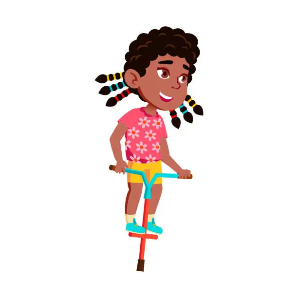 Vector illustration of smiling girl jumping on pogo stick cartoon vector