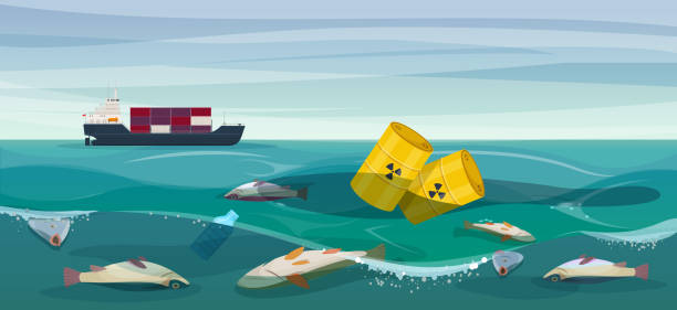 바다에서 독성 폐기물 독 물고기 - pollution sea toxic waste garbage stock illustrations