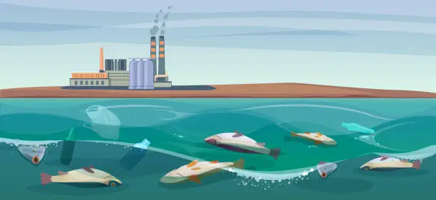 Vector illustration of Poisoned dead fish in a dirty river