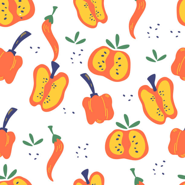 ilustrações de stock, clip art, desenhos animados e ícones de seamless pattern with peppers. red, pepper slices, chili and bell peppers background. vegetarian healthy food. vibrant print for menu or food design. vector illustration in cartoon style - mexico chili pepper bell pepper pepper