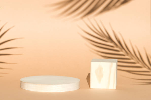 istock Background for cosmetic products, beige minimal wooden objects with geometric shape. round podium and cube. Empty showcase for packaging product presentation. 1322263732