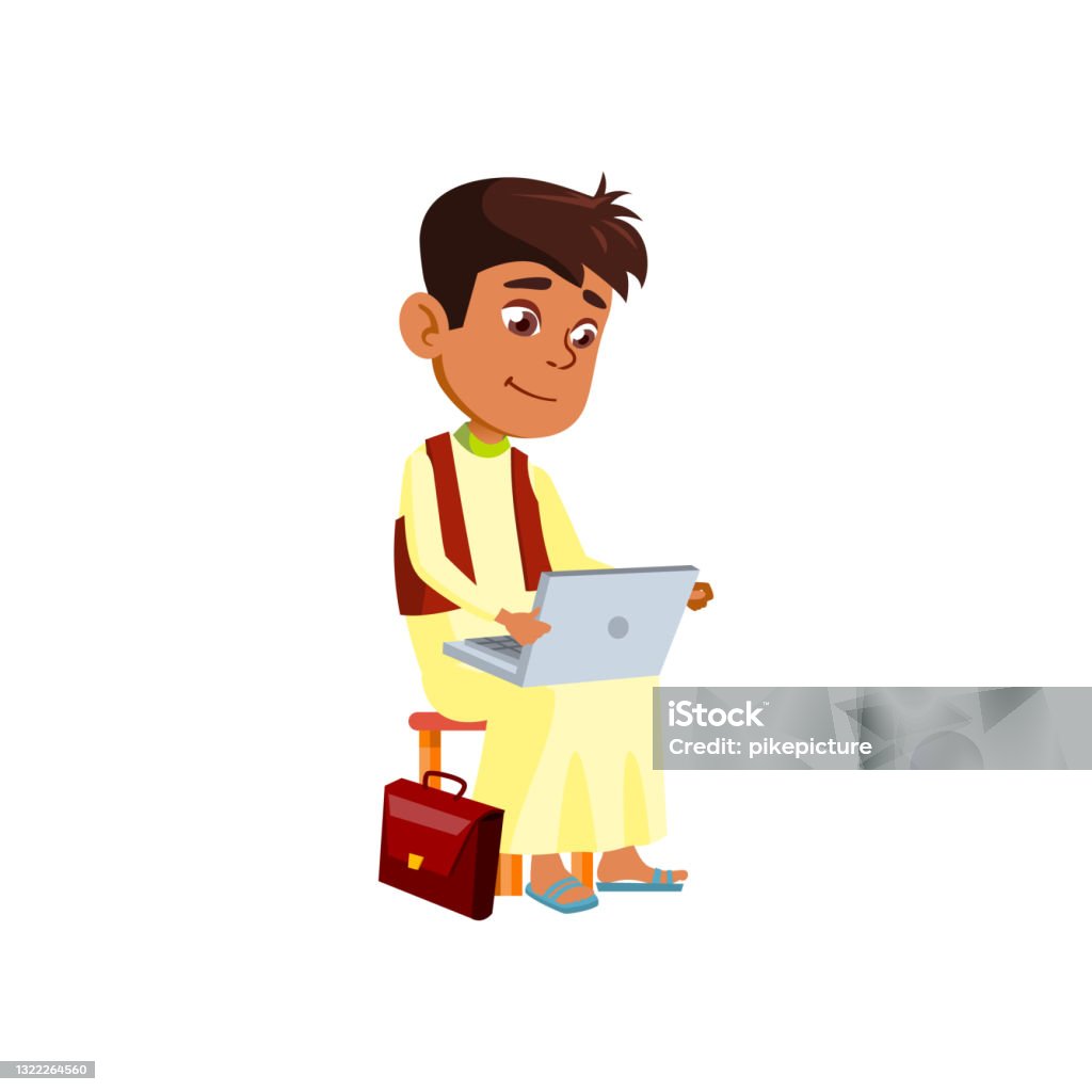 Indian Boy Remote Study On Laptop At Home Cartoon Vector Stock Illustration  - Download Image Now - iStock