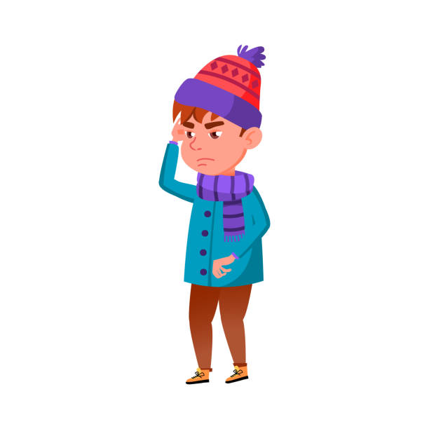 illness boy in warm clothing has headache cartoon vector illness boy in warm clothing has headache cartoon vector. illness boy in warm clothing has headache character. isolated flat cartoon illustration hass avocado stock illustrations