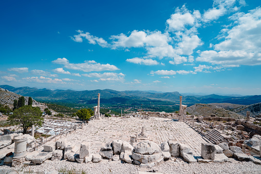 Ancient landmark citadel Acropolis of Athens seen from the Hill of the Muses, Philopappos Hill.