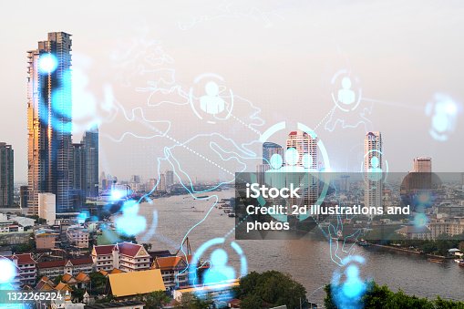 istock Social media icons hologram over panorama city view of Bangkok, Asia. The concept of people networking and connections. Double exposure. 1322265224