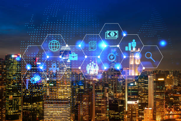istock Technological development glowing icons. Night panoramic city view of Singapore. Concept of innovative activities expanding new services or products in Asia. Double exposure. 1322265537