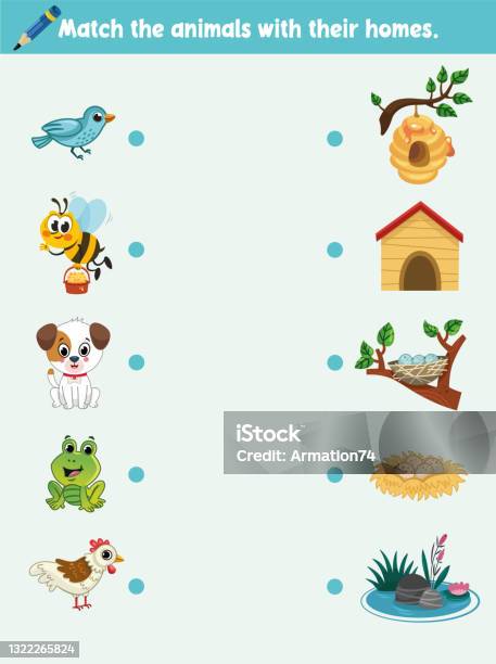 Matching Game For Children Stock Illustration - Download Image Now -  Worksheet, Animal, House - iStock