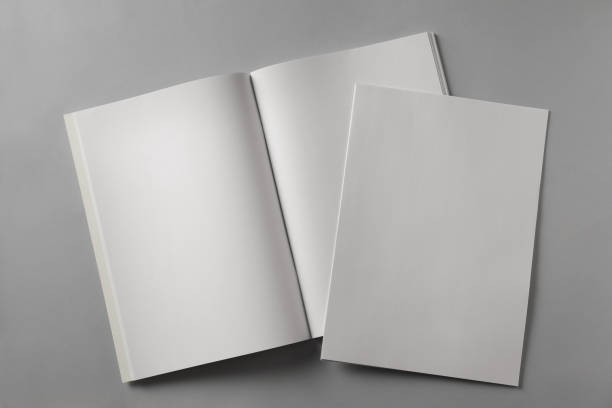 istock Paper sheet and open blank brochure on light grey background, flat lay 1322266206