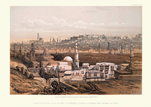 ilustraciones, imágenes clip art, dibujos animados e iconos de stock de paisaje urbano, el cairo desde la puerta de citizenib, mirando hacia el desierto de suez, siglo 19 - cairo egypt mosque minaret