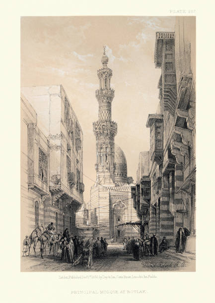 hauptmoschee in boulak, kairo, von david roberts, 19. jahrhundert - egypt islam cairo mosque stock-grafiken, -clipart, -cartoons und -symbole
