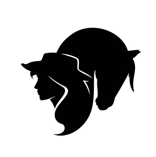 cowgirl женщина и лошадь голову черно-белый вектор силуэт - outline silhouette black and white adults only stock illustrations