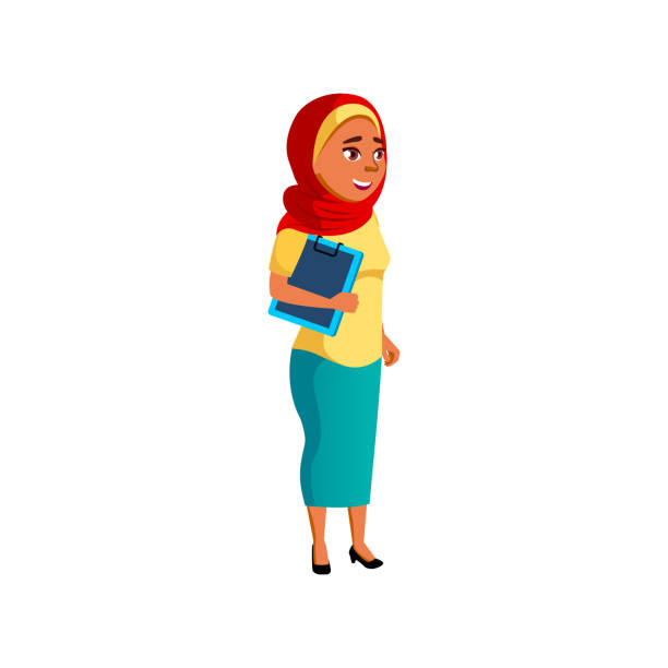 islamic lady teacher talking with principal at school cartoon vector islamic lady teacher talking with principal at school cartoon vector. islamic lady teacher talking with principal at school character. isolated flat cartoon illustration school principal stock illustrations