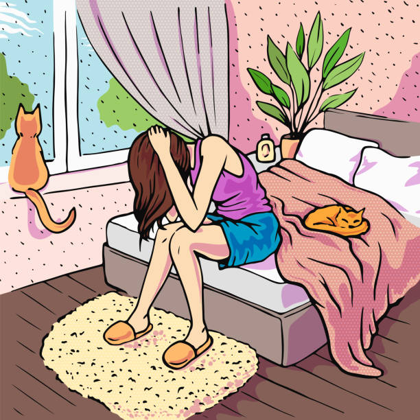 Lonely woman crying alone in her bedroom, depression and loneliness concept vector illustration in pop art comic style"n Lonely woman crying alone in her bedroom, depression and loneliness concept vector illustration in pop art comic style"n comic book women pop art distraught stock illustrations
