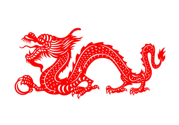 czerwony chiński zodiaku zwierzęta papercutting - chiny smok gospodarstwa orb projekt wektora - smok stock illustrations