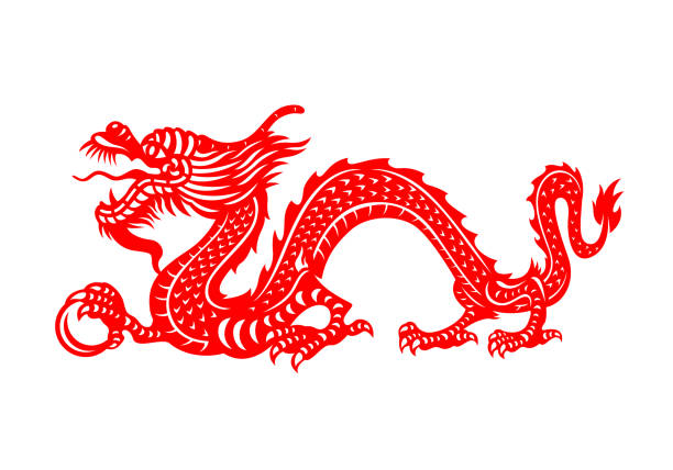 ilustrações, clipart, desenhos animados e ícones de animais do zod�íaco vermelho chinês papercutting - dragão da china segurando design vetorial de esferas - dragão