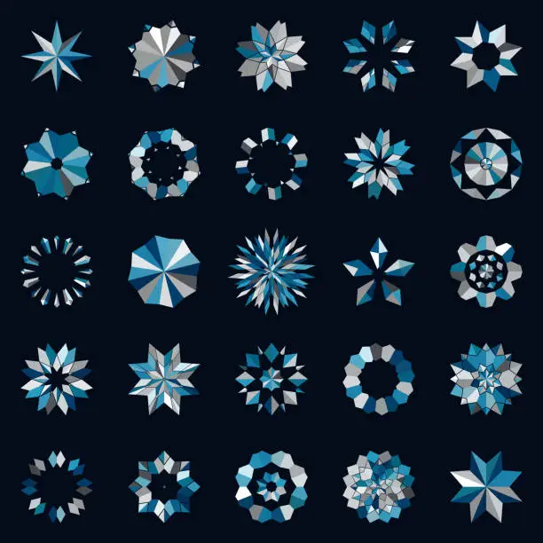 Vector illustration of Vector Abstract Mosaic Snowflake Pattern Buttons Icon Collection For Design