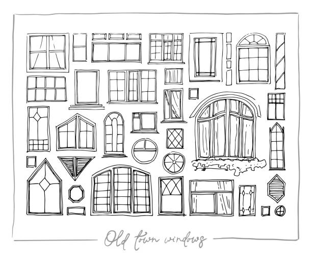 Set of vintage windows with shutters and curtains. Potted flowers on a windowsill. Isolated illustration for print or sticker. Drawn building, architecture. Vector art house. Vector illustration