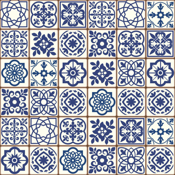 illustrations, cliparts, dessins animés et icônes de motif de carreaux portugais bleus - vecteur azulejos, carreaux de design d’intérieur de mode - spanish tiles