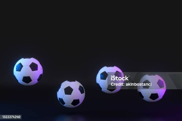 Soccer Ball Neon Lighting Black Background Stock Photo - Download Image Now - Soccer, Three Dimensional, Soccer Ball