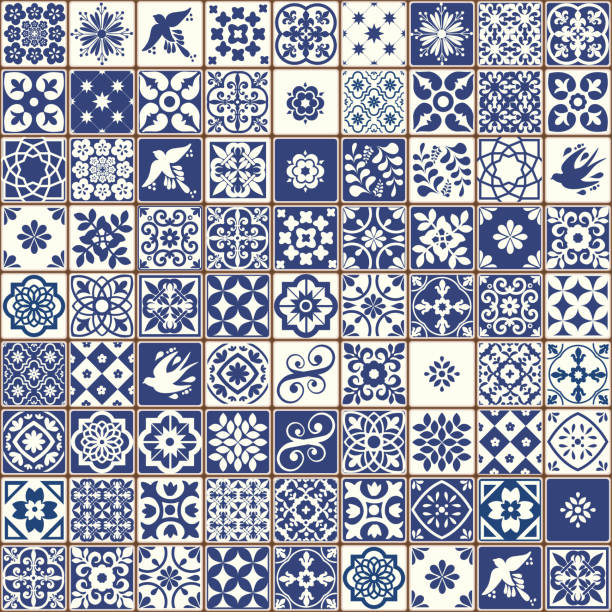 niebieski portugalski wzór płytek - wektor azulejos, płytki wystroju wnętrz mody - portuguese language stock illustrations
