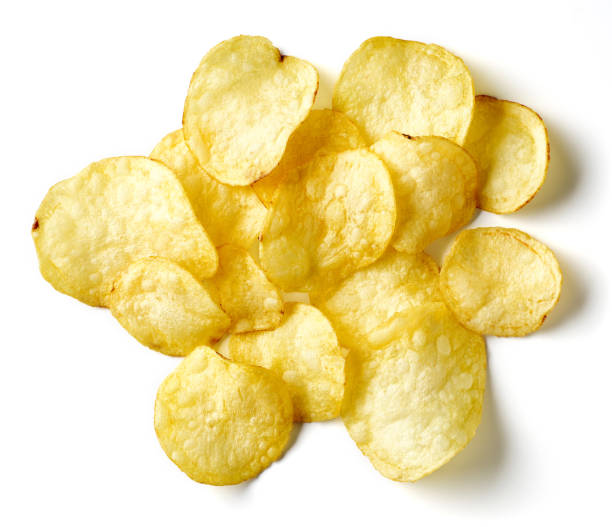 istock Potato chips isolated on white, from above 1322275658