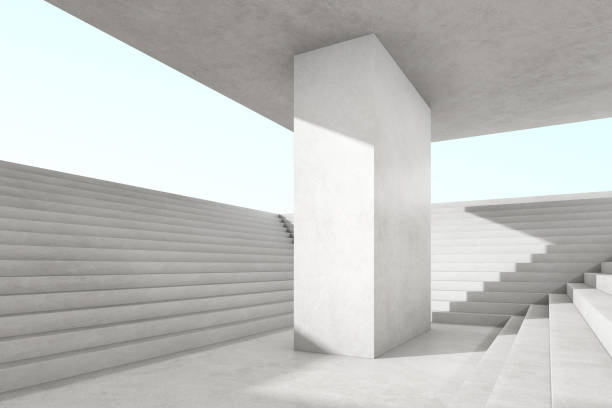 istock Abstract 3d rendering of empty concrete space with light and shadow on the stair structure, Futuristic architecture. 1322276004