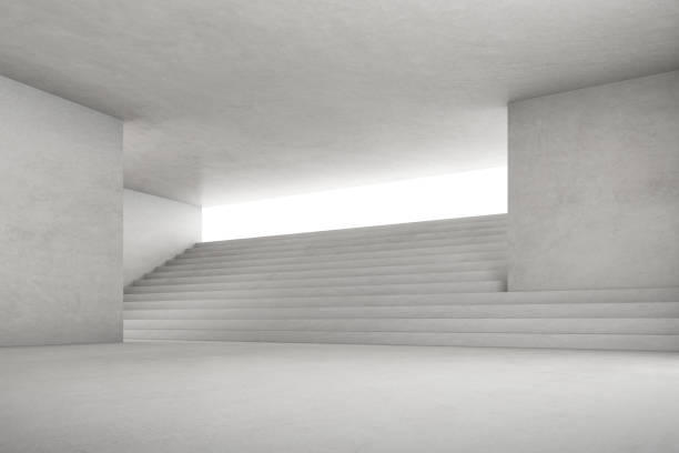istock Abstract 3d rendering of empty concrete space with light and shadow on the stair structure, Futuristic architecture. 1322276030