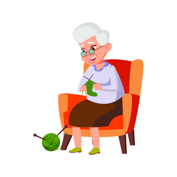 ilustraciones, imágenes clip art, dibujos animados e iconos de stock de vieja abuela tejiendo calcetines para nieta en casa vector de dibujos animados - grandmother