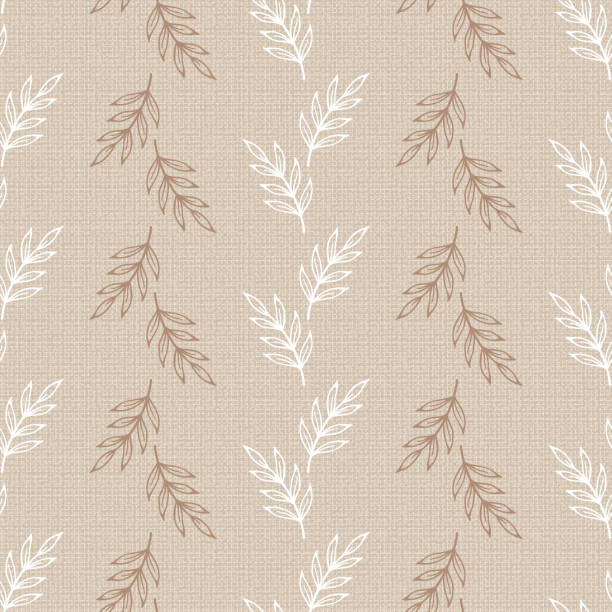 blattzweig. weiße, braune blätter vektor nahtloses muster. floral beige hintergrund. imitation leinen sackleinen textur. - burlap textile backgrounds textured stock-grafiken, -clipart, -cartoons und -symbole