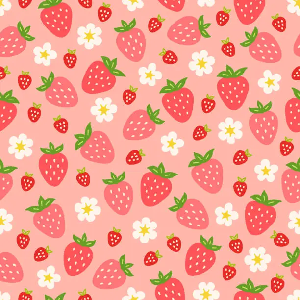 Vector illustration of Fruit seamless pattern with flowers and wild strawberries. Vector illustration