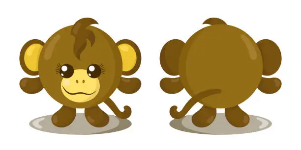 Vector illustration of Funny cute kawaii monkey with round body in flat design with shadows, front and back