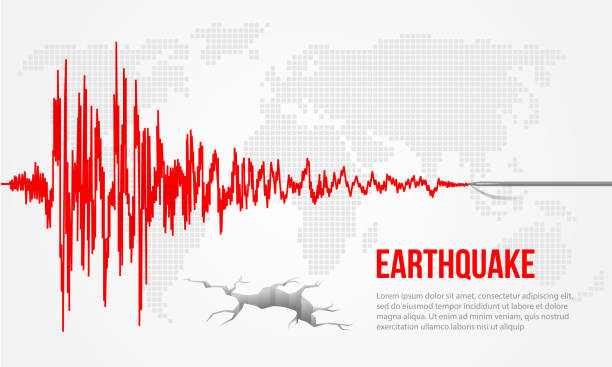kırmızı deprem eğrisi ve dünya haritası arka plan vektör illüstrasyon tasarımı - deprem stock illustrations