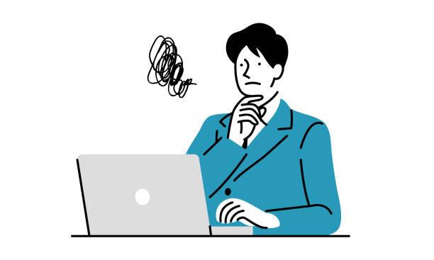 A businessman using a laptop in need vector illustration impatient stock illustrations