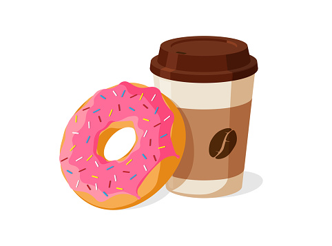 Colorful tasty pink donut and disposable paper coffee cup set. Glazed doughnut with hot beverage vector isolated eps illustration